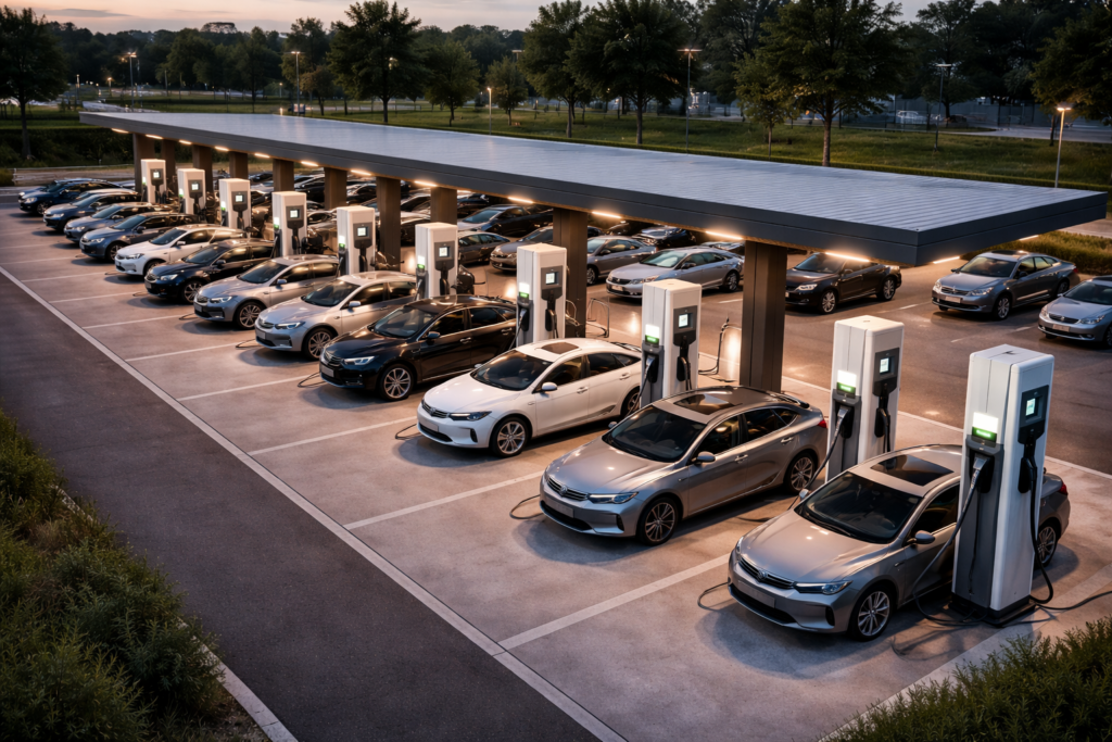 An EV charging site full of cars charging